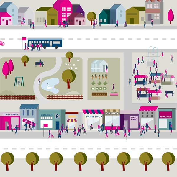 A still frame from an animation showing the relationship between businesses and the community.